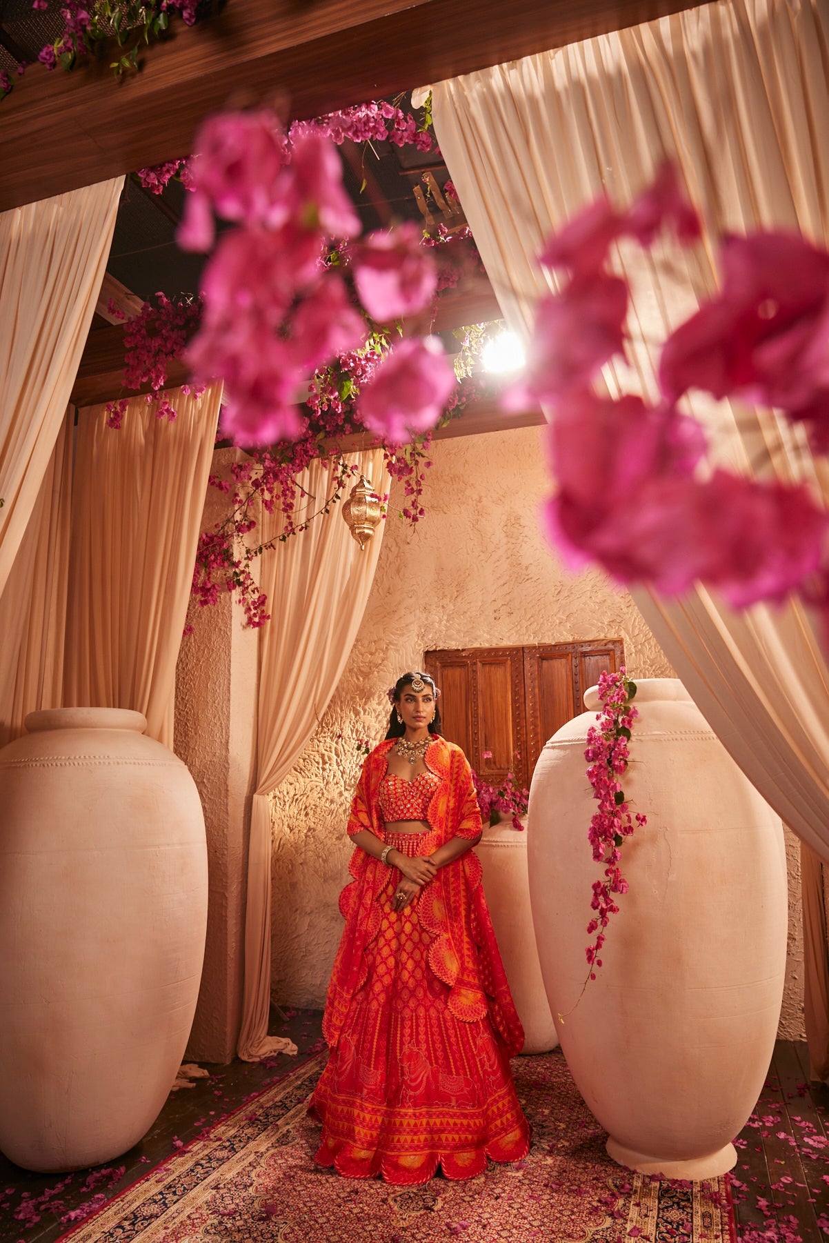 Fiery Red And Orange Set With Scallop Dupatta