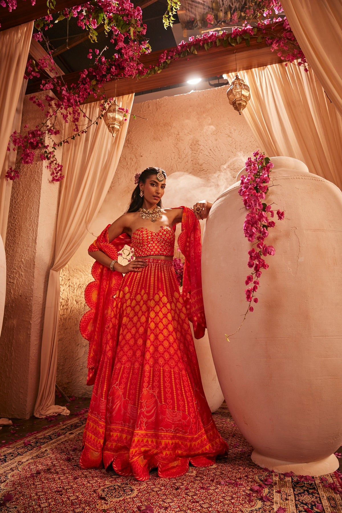 Fiery Red And Orange Set With Scallop Dupatta
