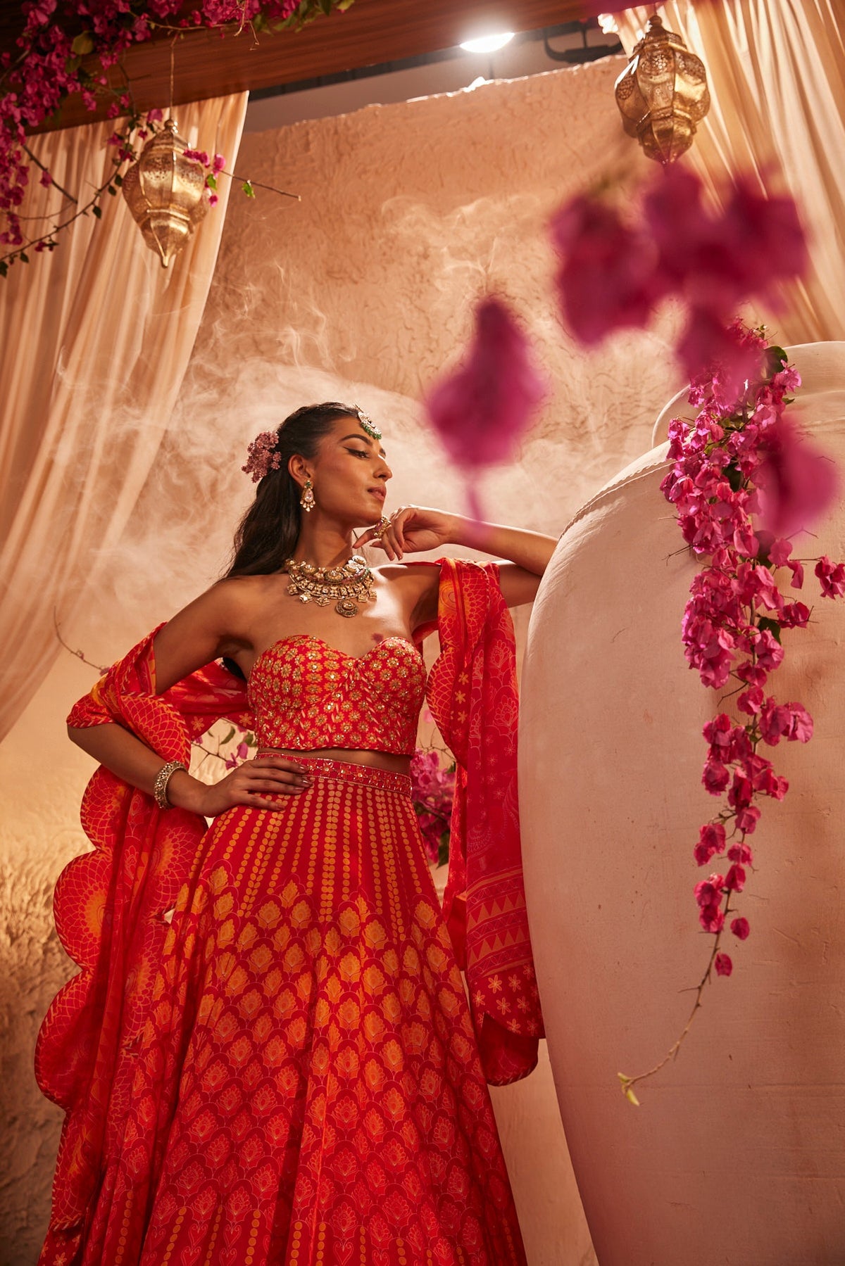 Fiery Red And Orange Set With Scallop Dupatta