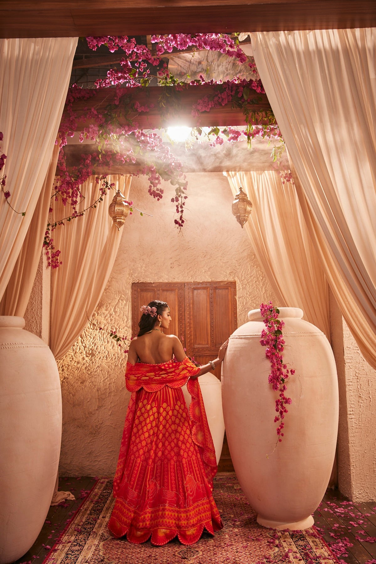 Fiery Red And Orange Set With Scallop Dupatta