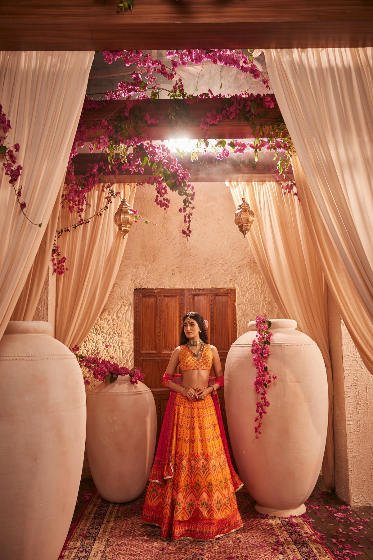 Pink And Yellow Lehenga Set With Sequin Work