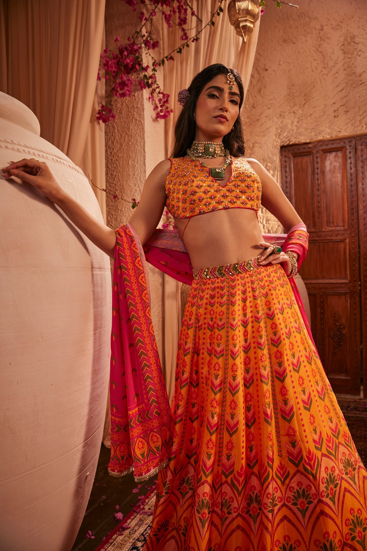 Pink And Yellow Lehenga Set With Sequin Work