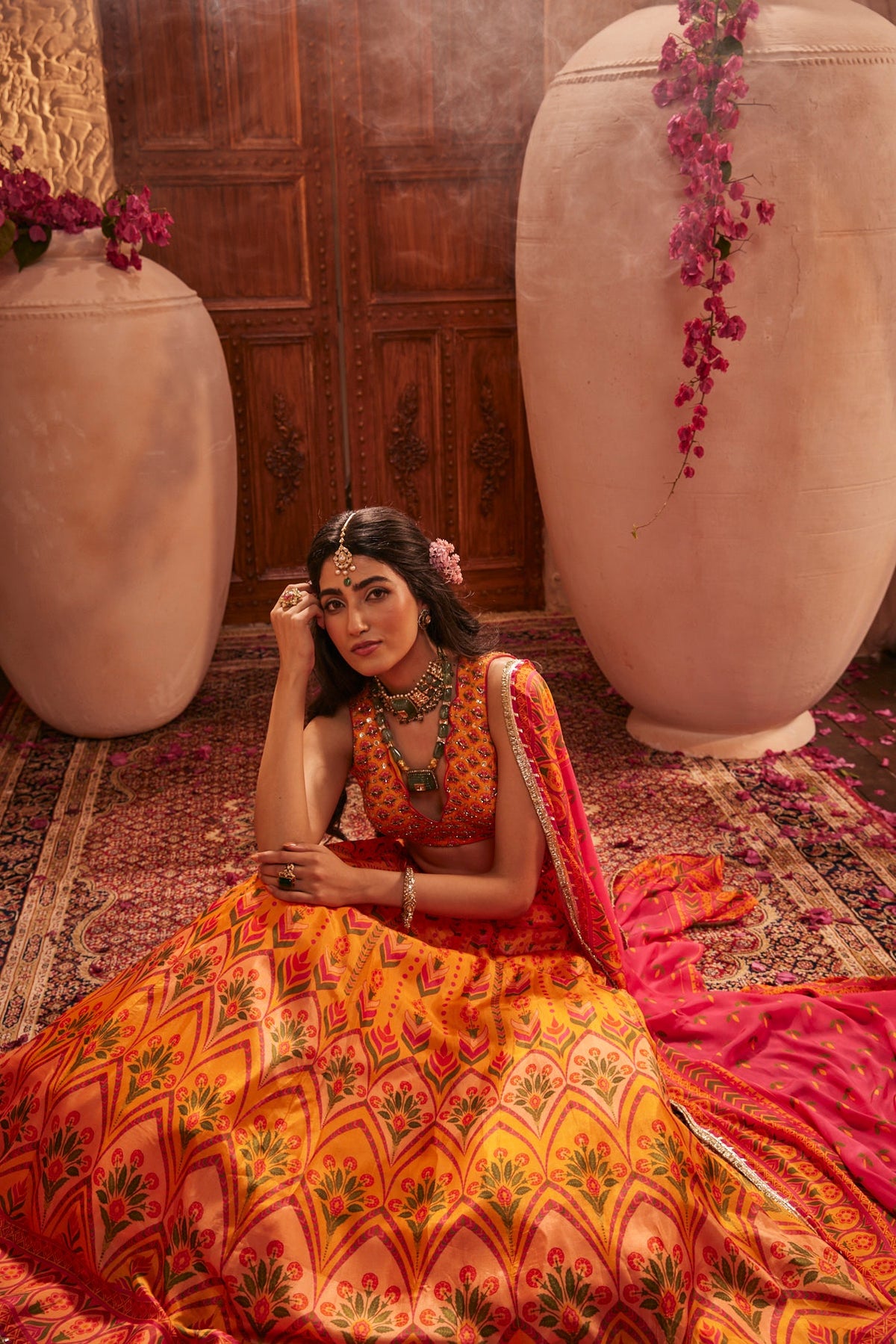 Pink And Yellow Lehenga Set With Sequin Work