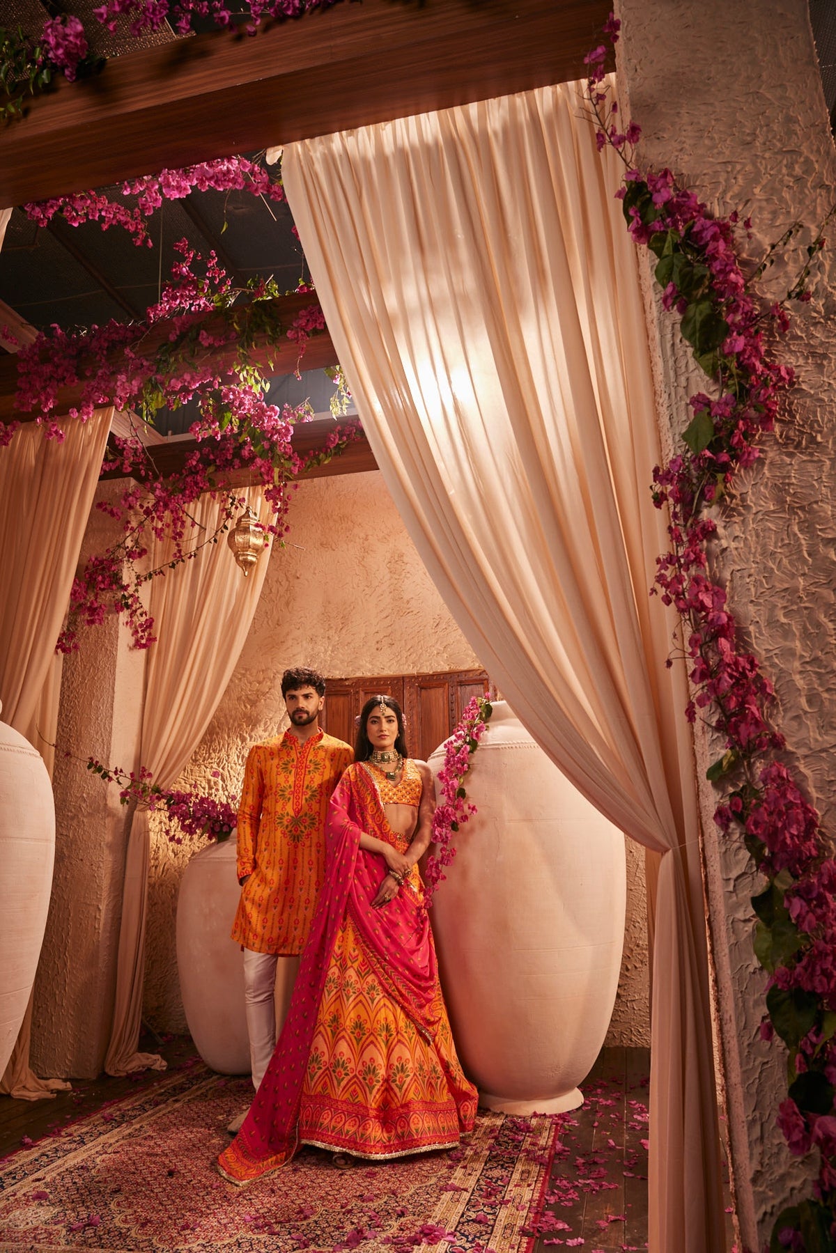 Pink And Yellow Lehenga Set With Sequin Work