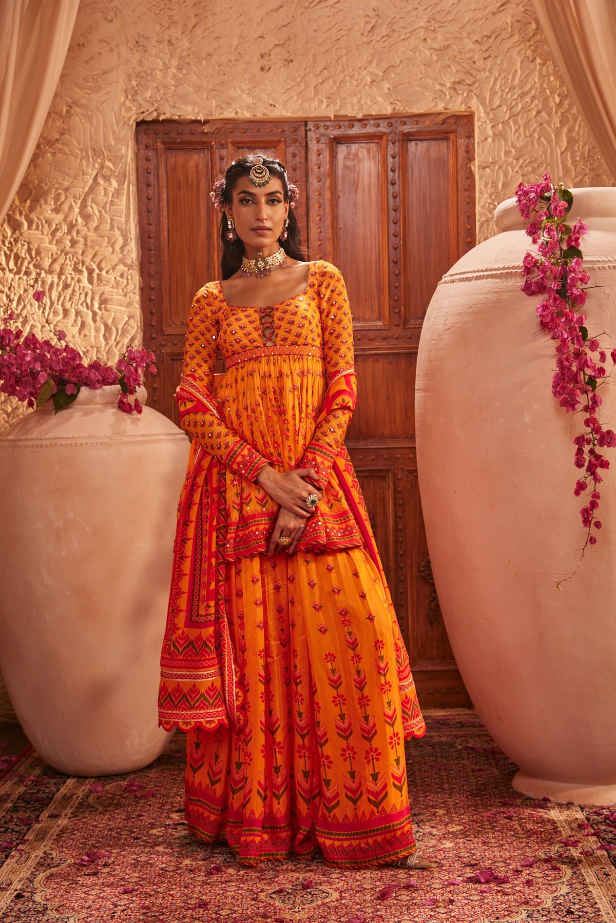 Flowy Silk Gharara Set With Floral Motifs