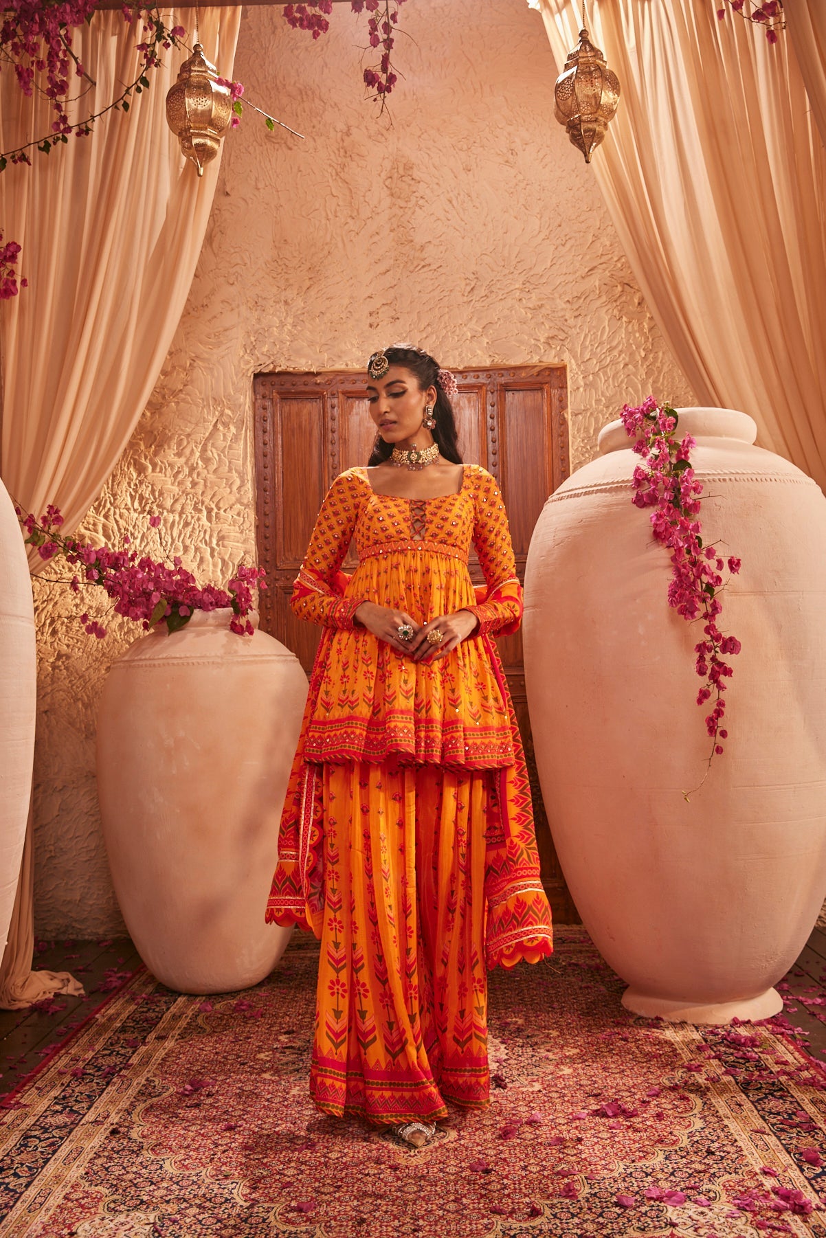 Flowy Silk Gharara Set With Floral Motifs