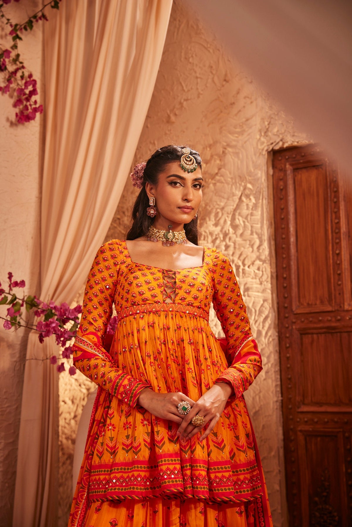Flowy Silk Gharara Set With Floral Motifs