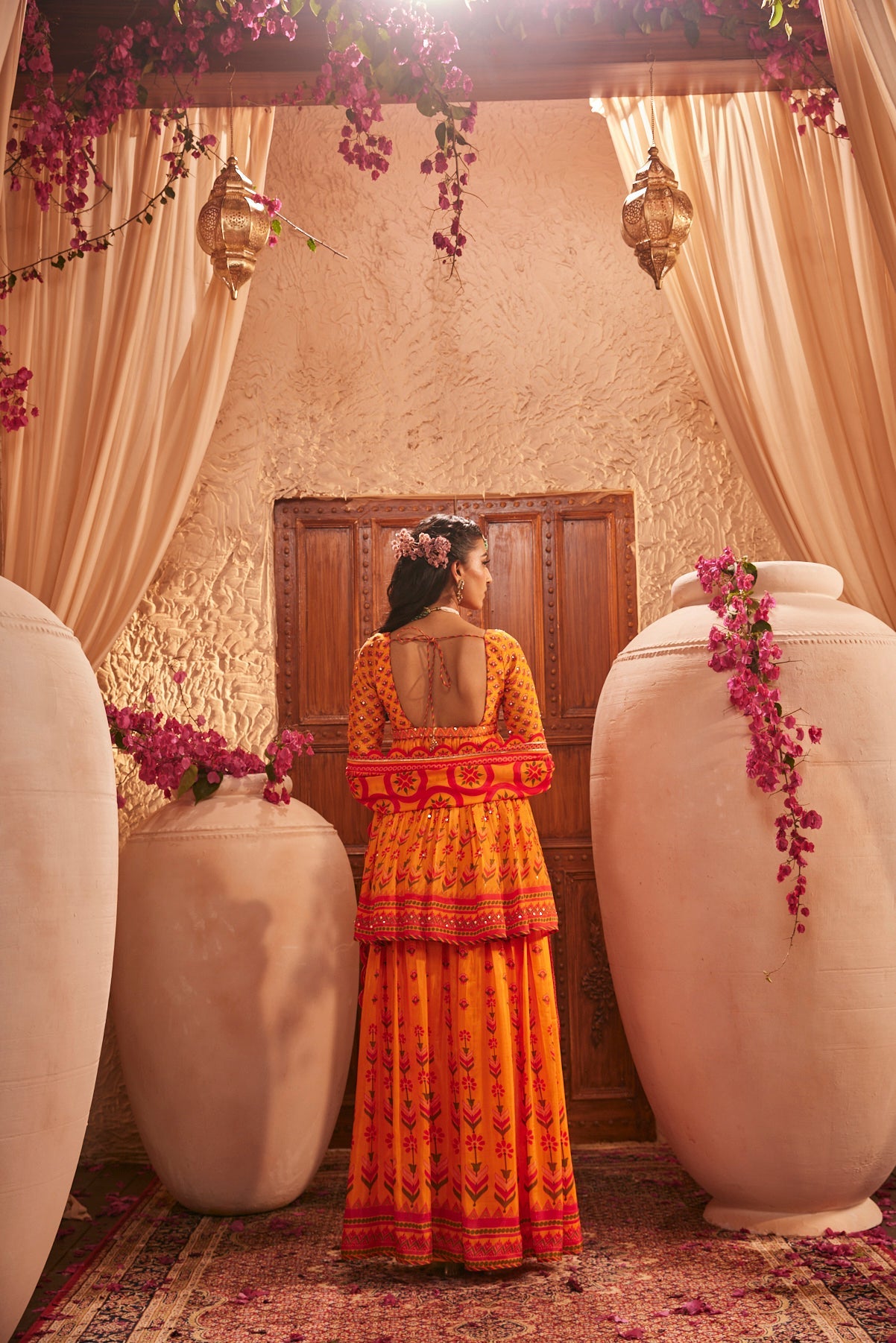 Flowy Silk Gharara Set With Floral Motifs