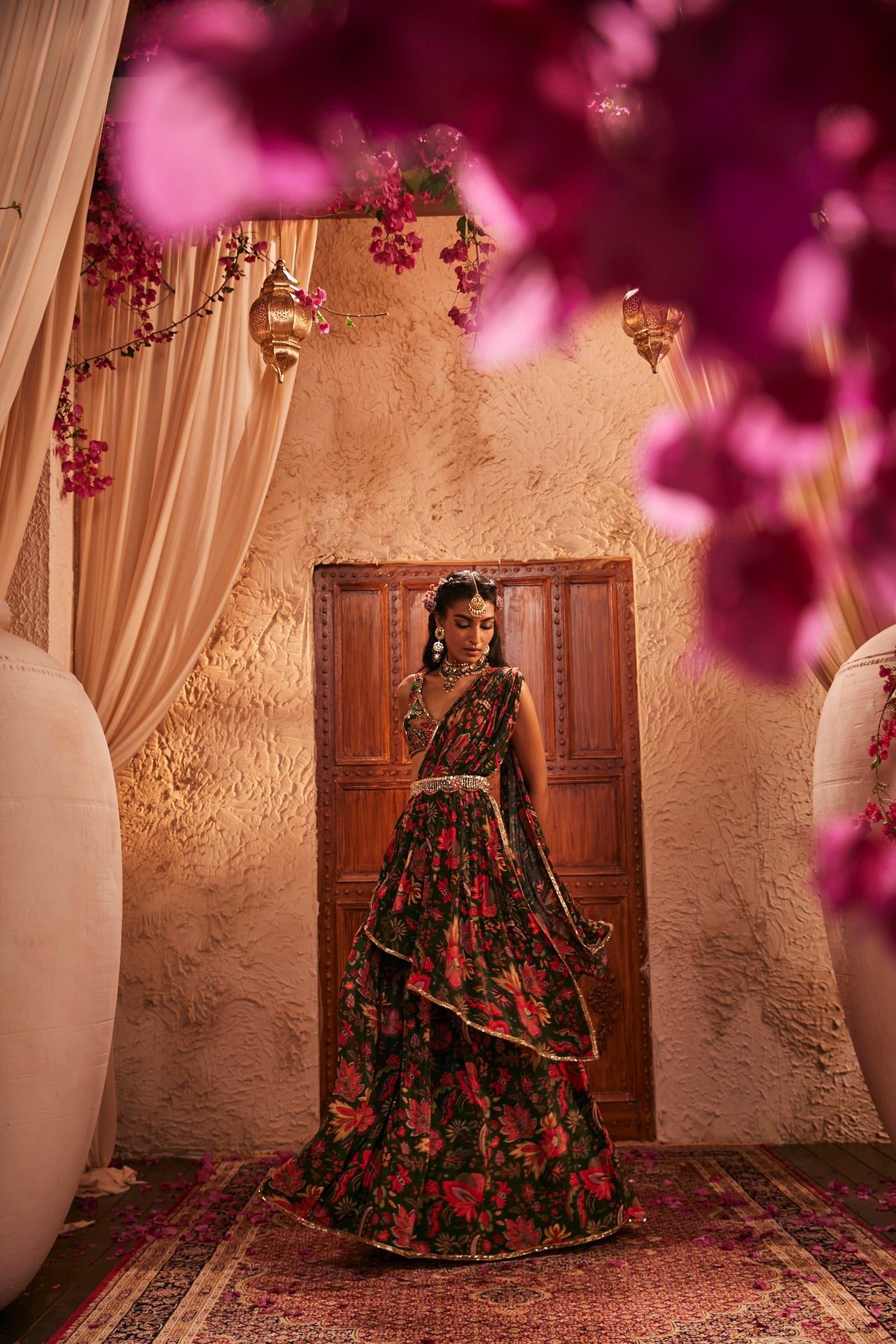 Green Draped Saree With Floral Ruffles And Belted Waist