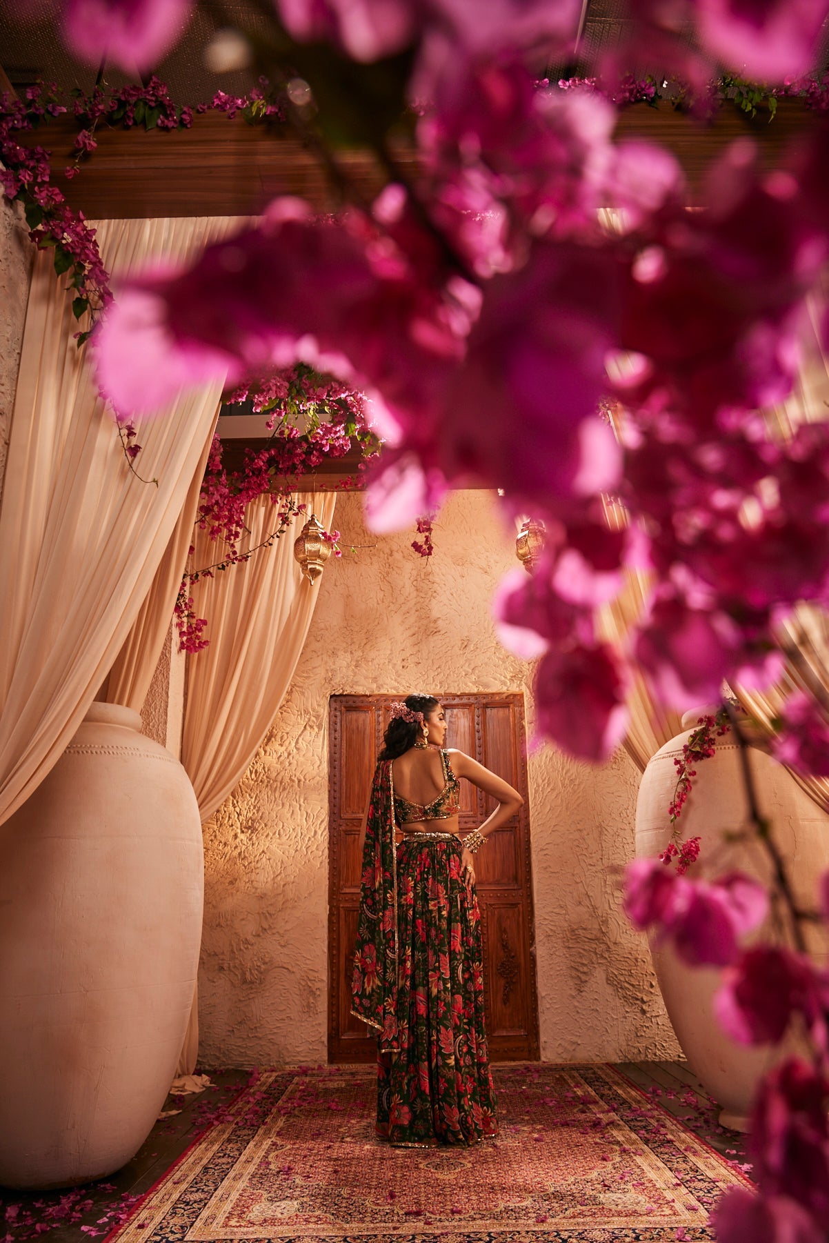Green Draped Saree With Floral Ruffles And Belted Waist