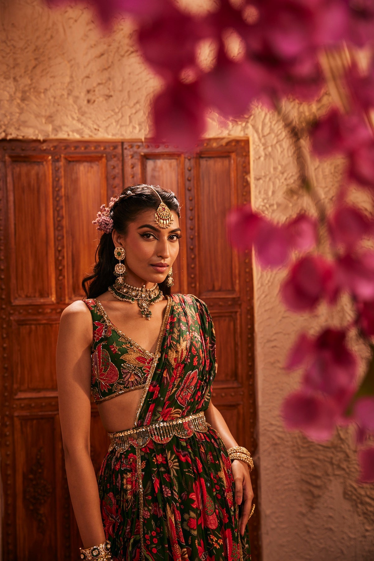 Green Draped Saree With Floral Ruffles And Belted Waist