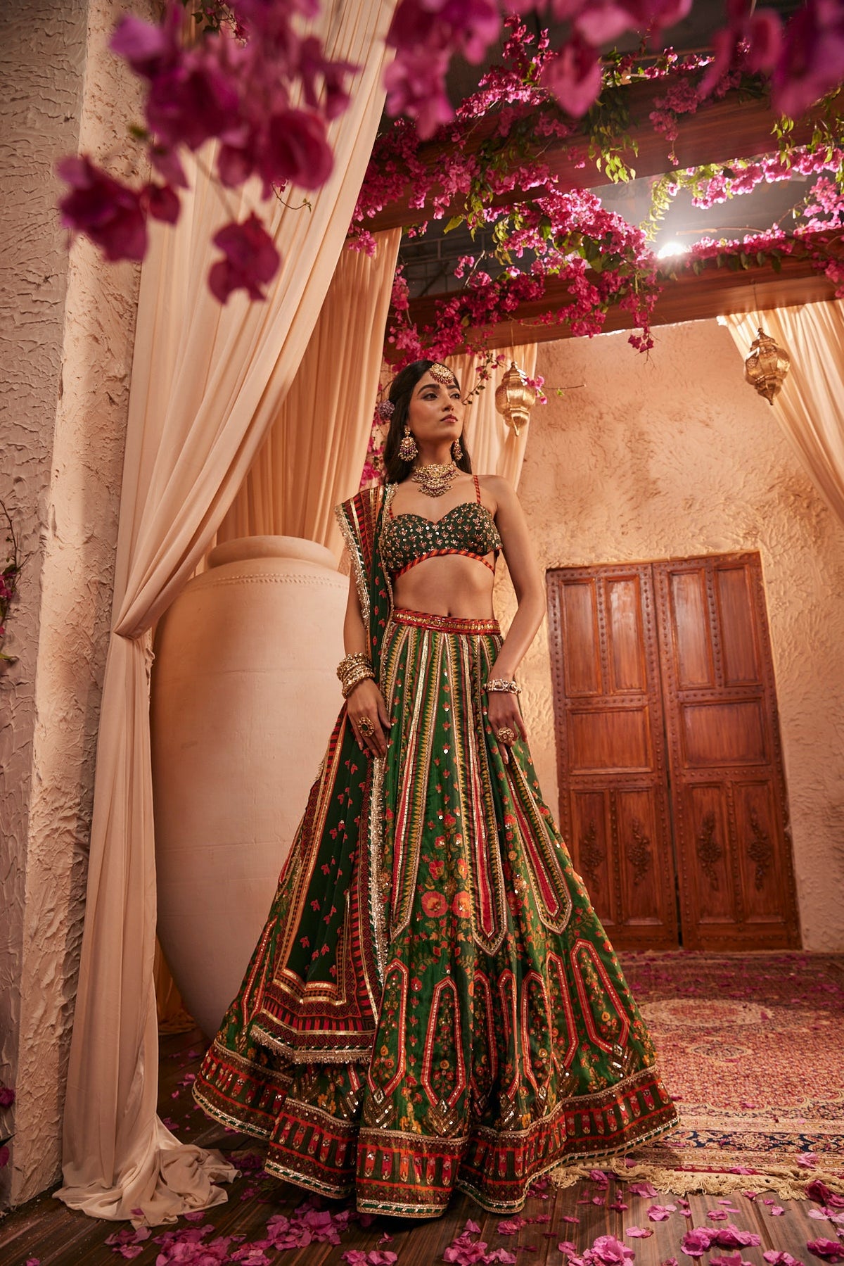 Green Lehenga Set With Mirror Embellishments With Blouse And Dupatta