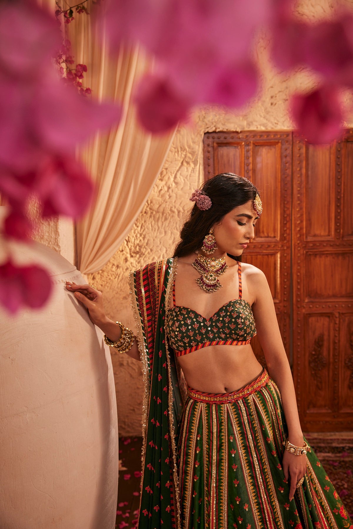 Green Lehenga Set With Mirror Embellishments With Blouse And Dupatta