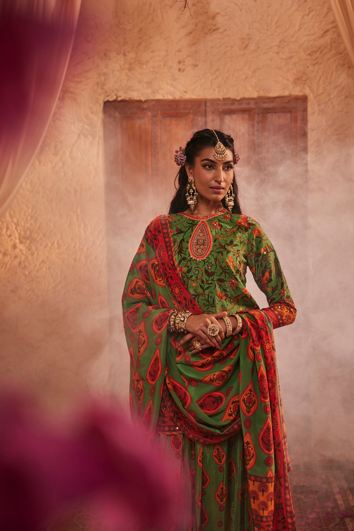 Silk Gharara Set With Paisley Prints