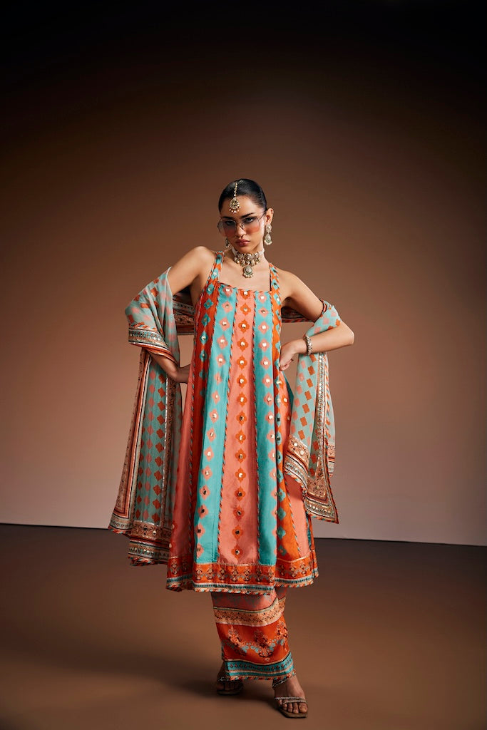 Peach & powder blue kurta set