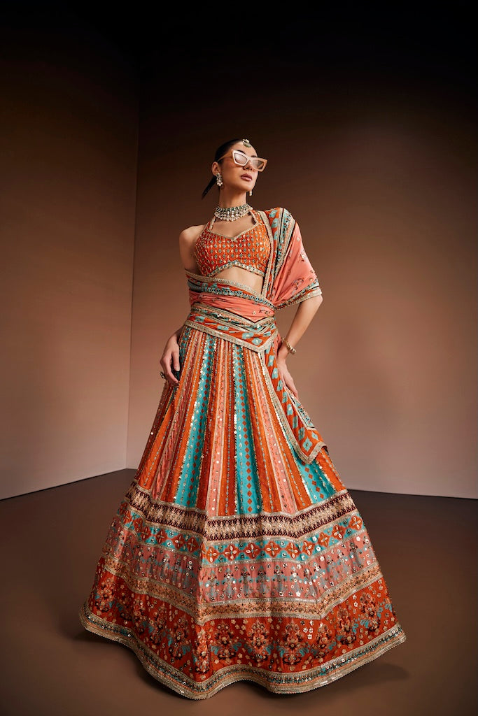 Peach & powder blue lehenga