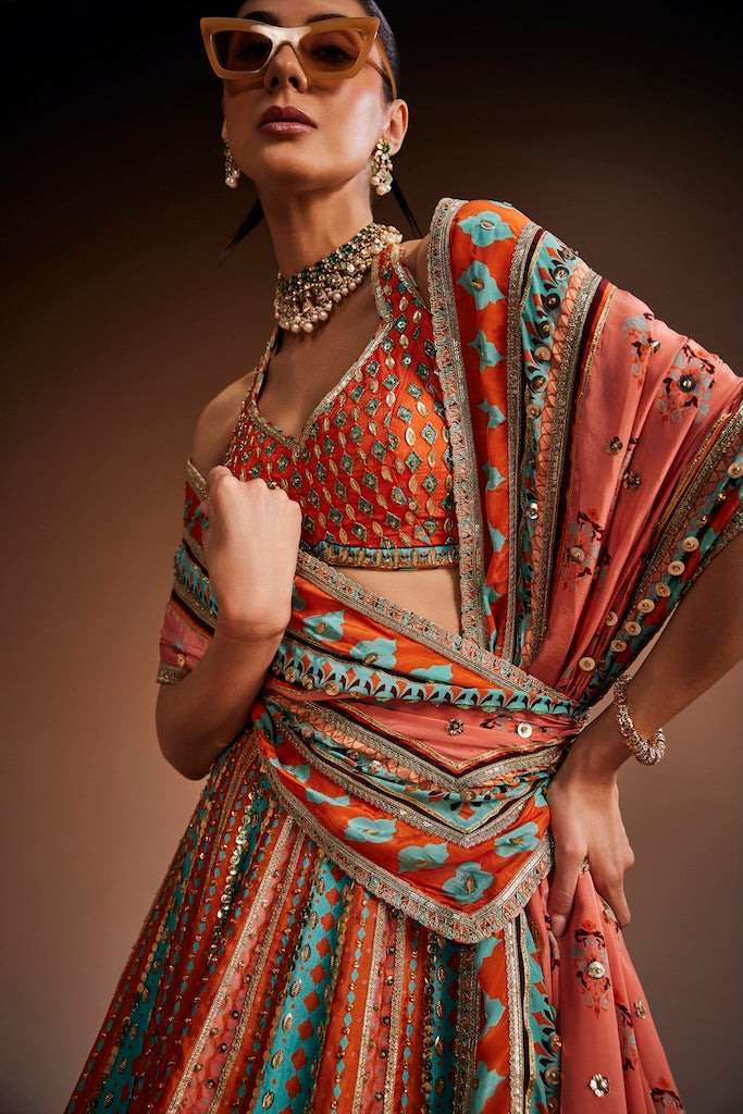 Peach & powder blue lehenga