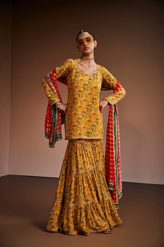 Mustard floral suit with magenta dupatta