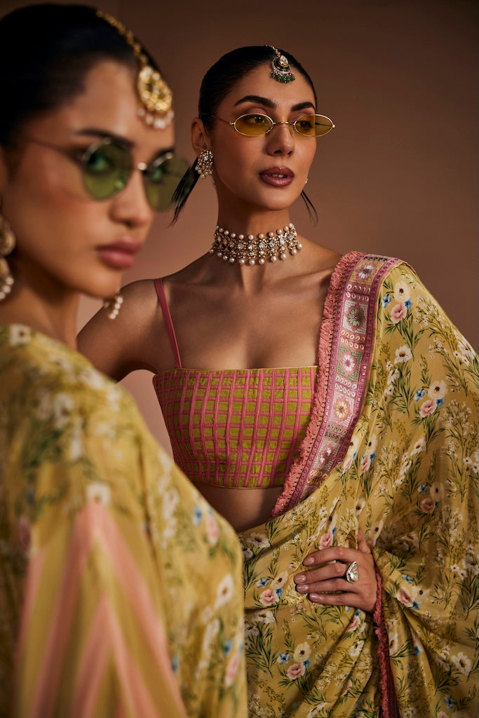 sage green & blush pink floral saree