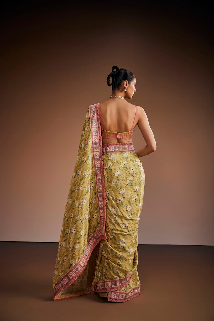 sage green & blush pink floral saree