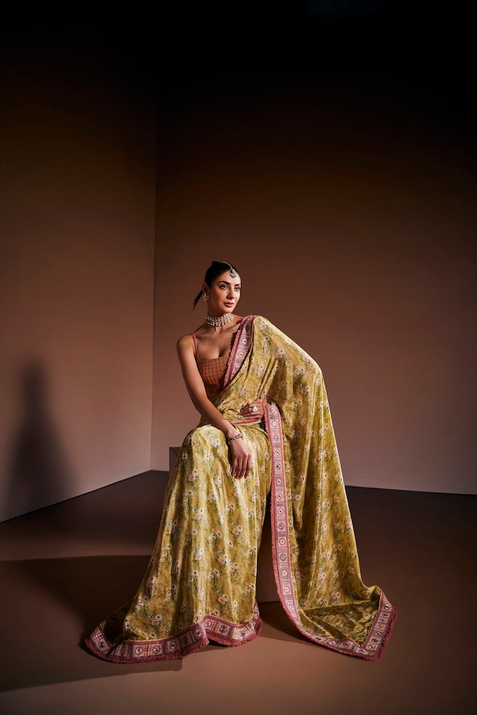 sage green & blush pink floral saree