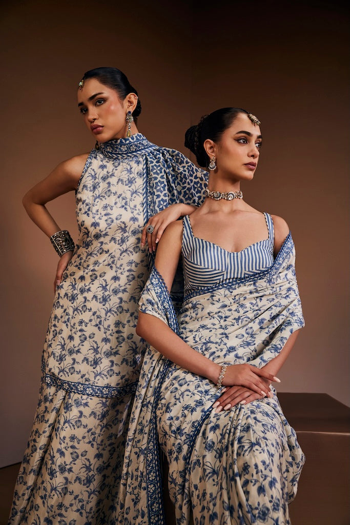 Dark slate blue & porcelain white halter saree