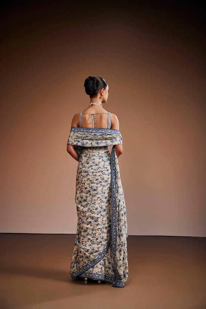 Dark slate blue & porcelain white halter saree