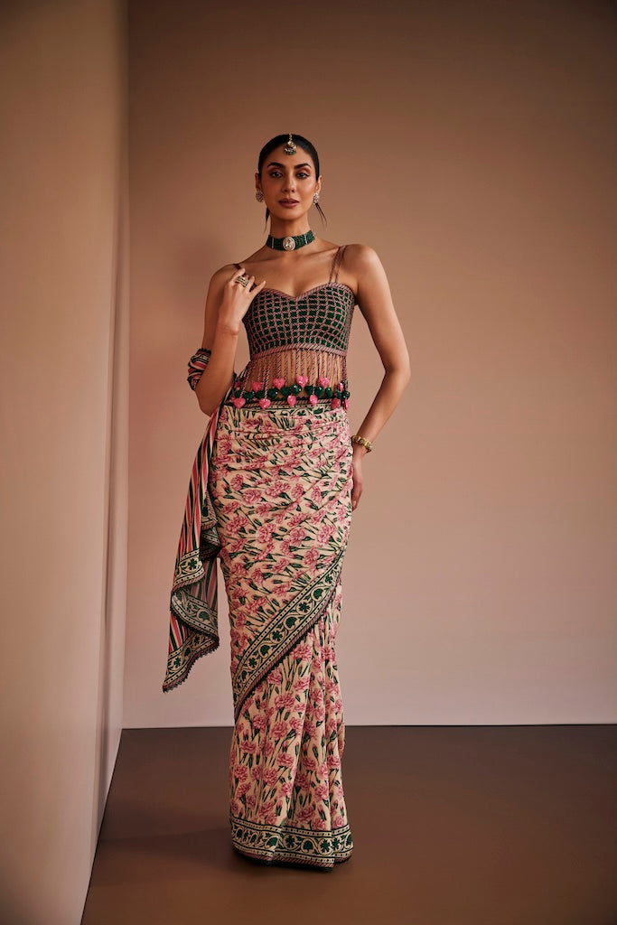 Pink carnation & warm ivory saree