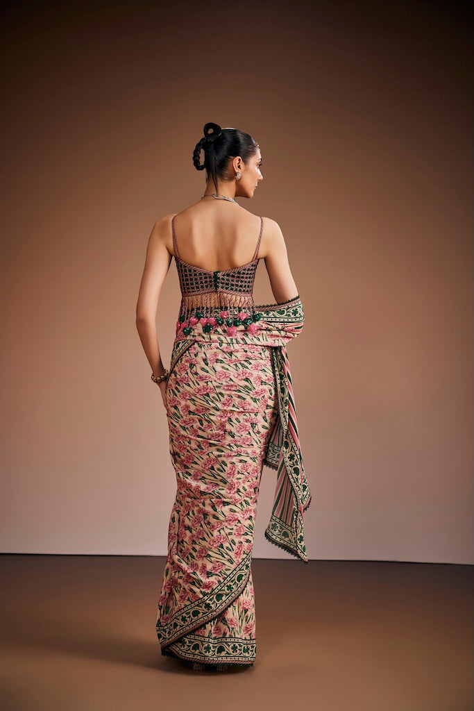 Pink carnation & warm ivory saree