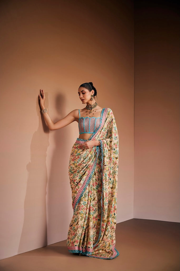 Cream vintage floral saree