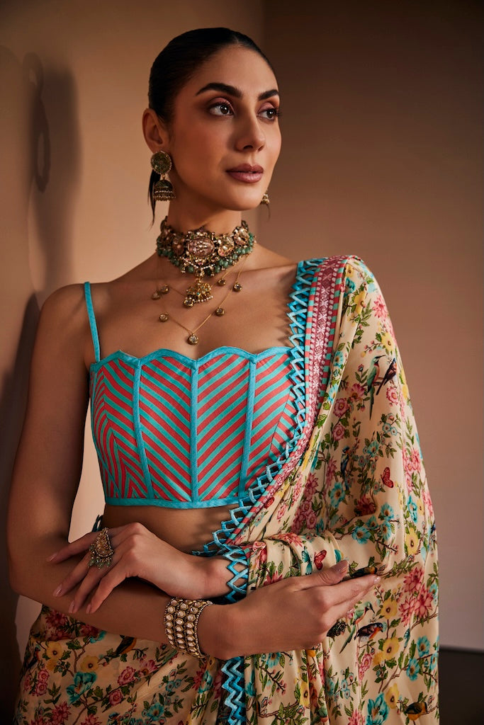 Cream vintage floral saree