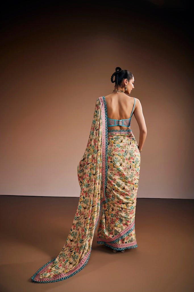 Cream vintage floral saree