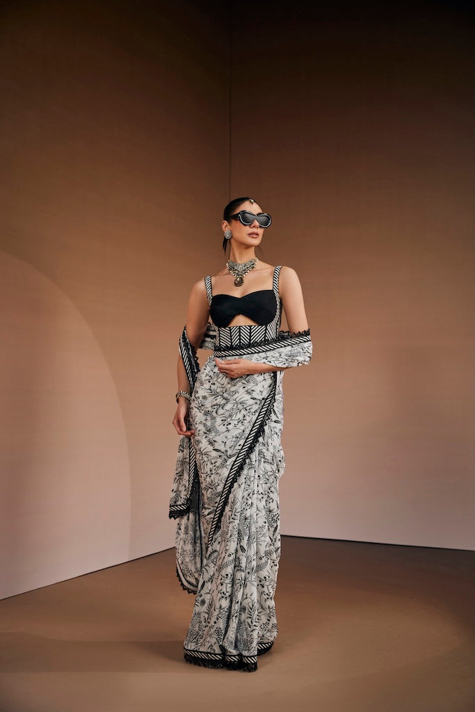 Black & white botanical saree