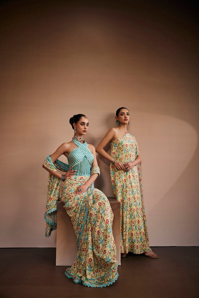 Ivory botanical one- shoulder kaftan