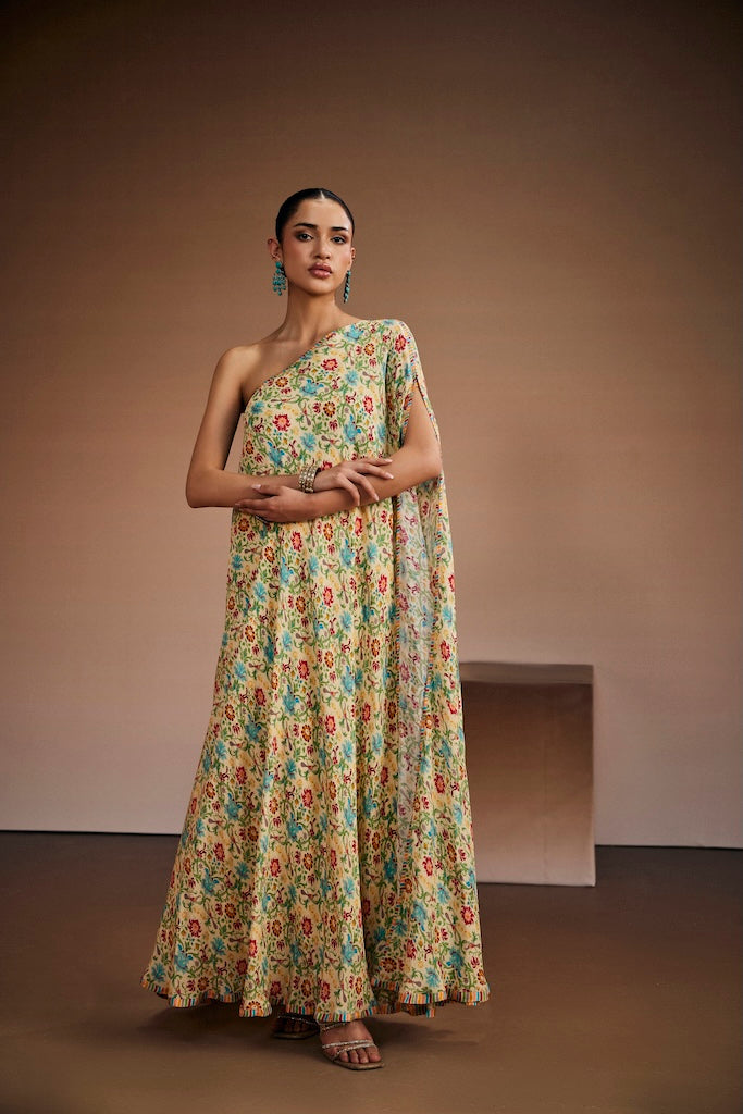 Ivory botanical one- shoulder kaftan