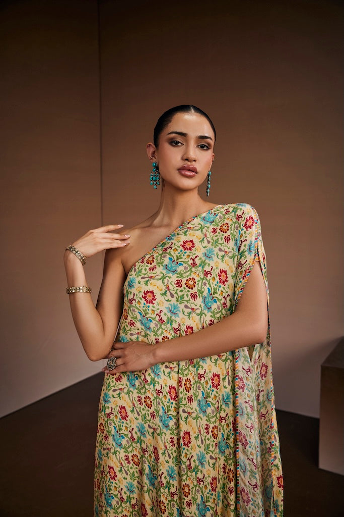 Ivory botanical one- shoulder kaftan