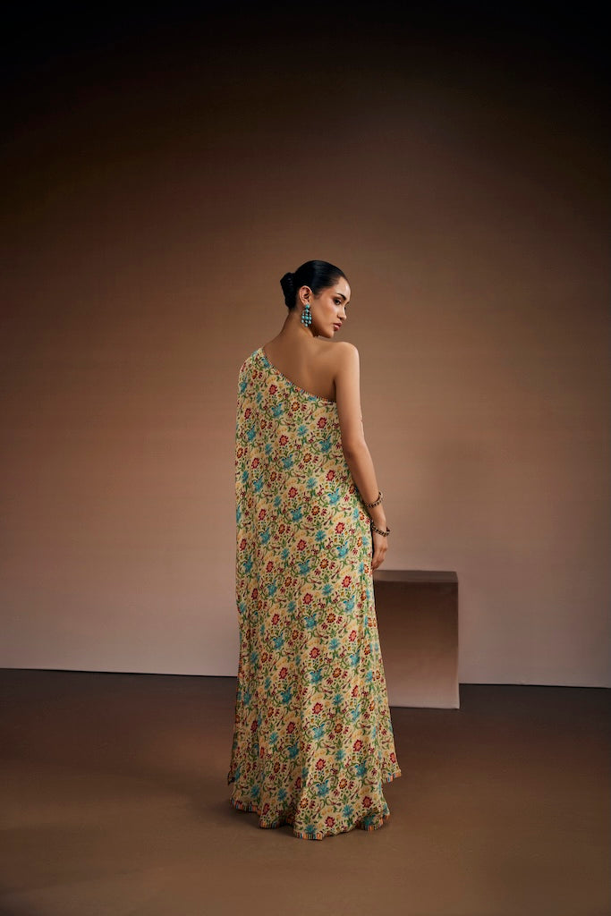 Ivory botanical one- shoulder kaftan