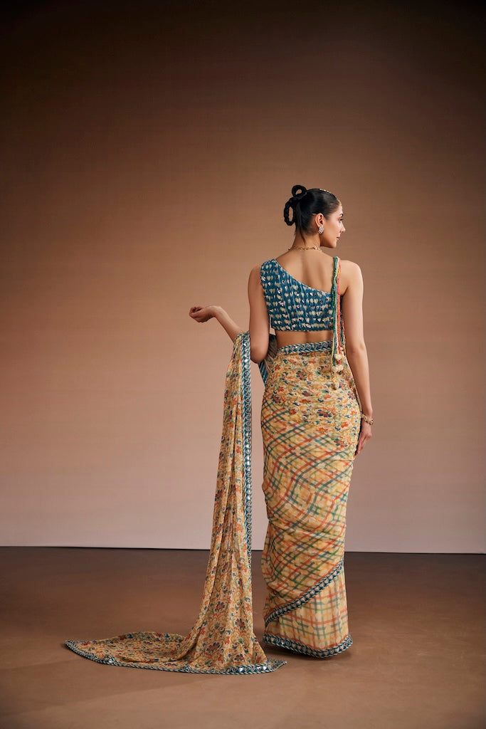 Warm grey vintage floral saree with dusty blue blouse