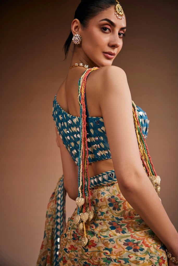 Warm grey vintage floral saree with dusty blue blouse