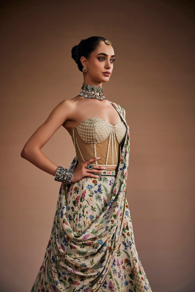 Sand beige & moss green checks skirt paired with corset and drape dupatta