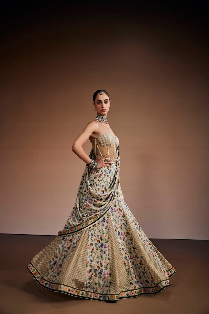 Sand beige & moss green checks skirt paired with corset and drape dupatta