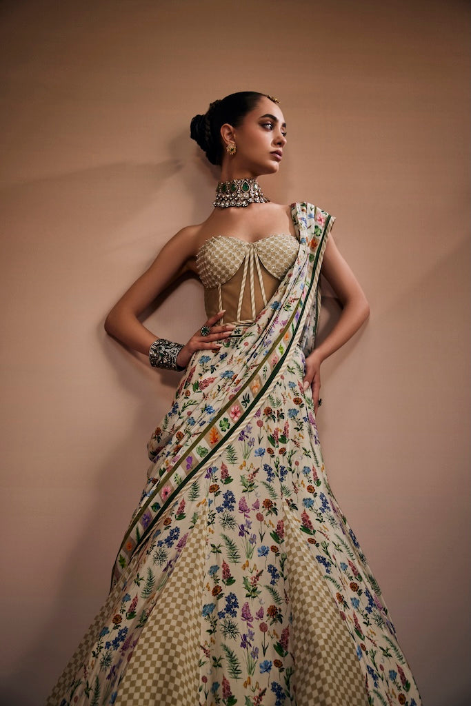 Sand beige & moss green checks skirt paired with corset and drape dupatta