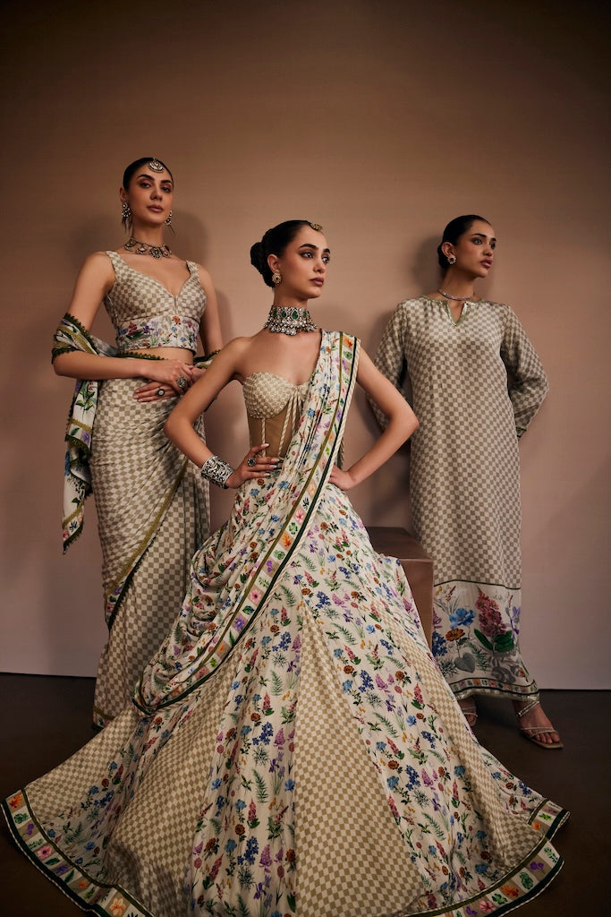 Sand beige & moss green check saree