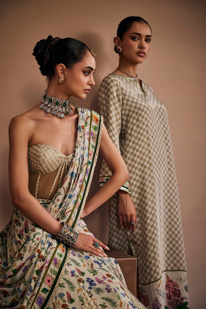 Sand beige & moss green check saree