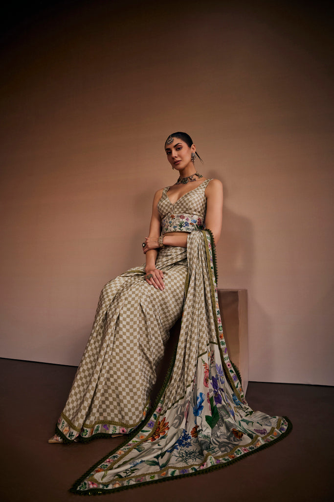 Sand beige & moss green check saree