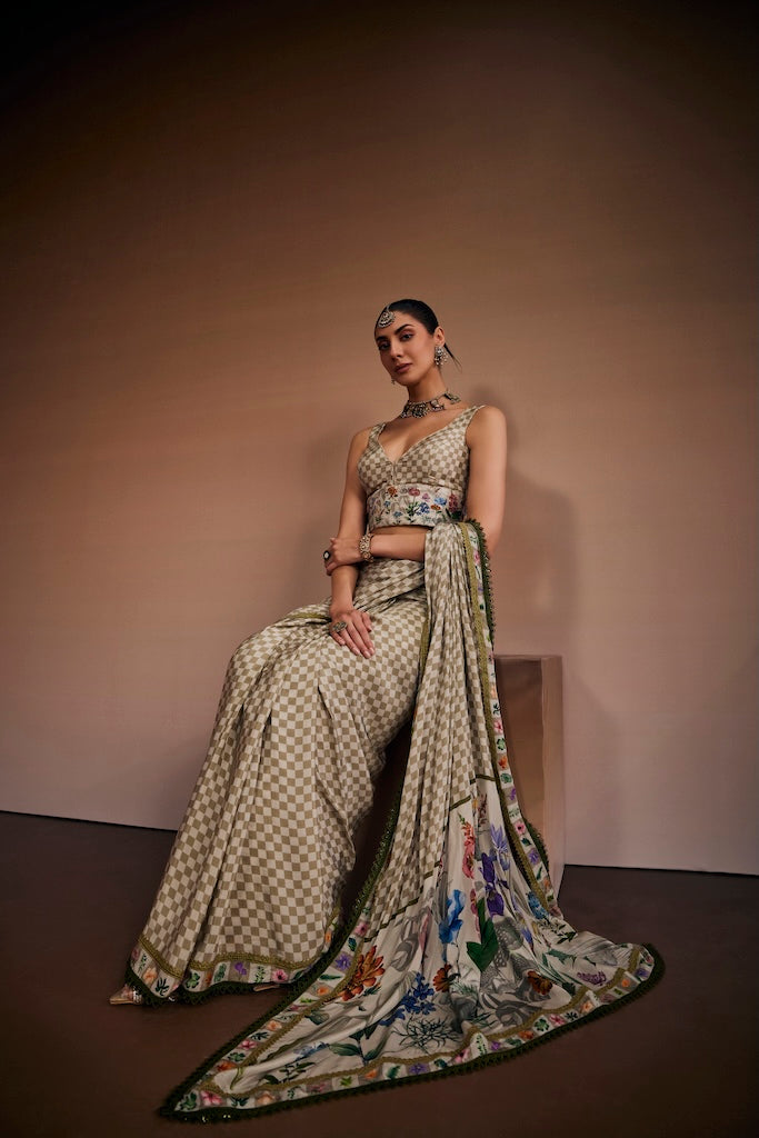 Sand beige & moss green check saree