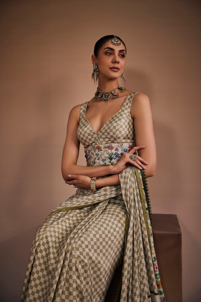 Sand beige & moss green check saree