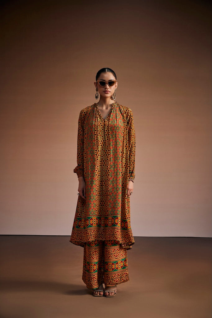 Vermilion red & rust orange suit