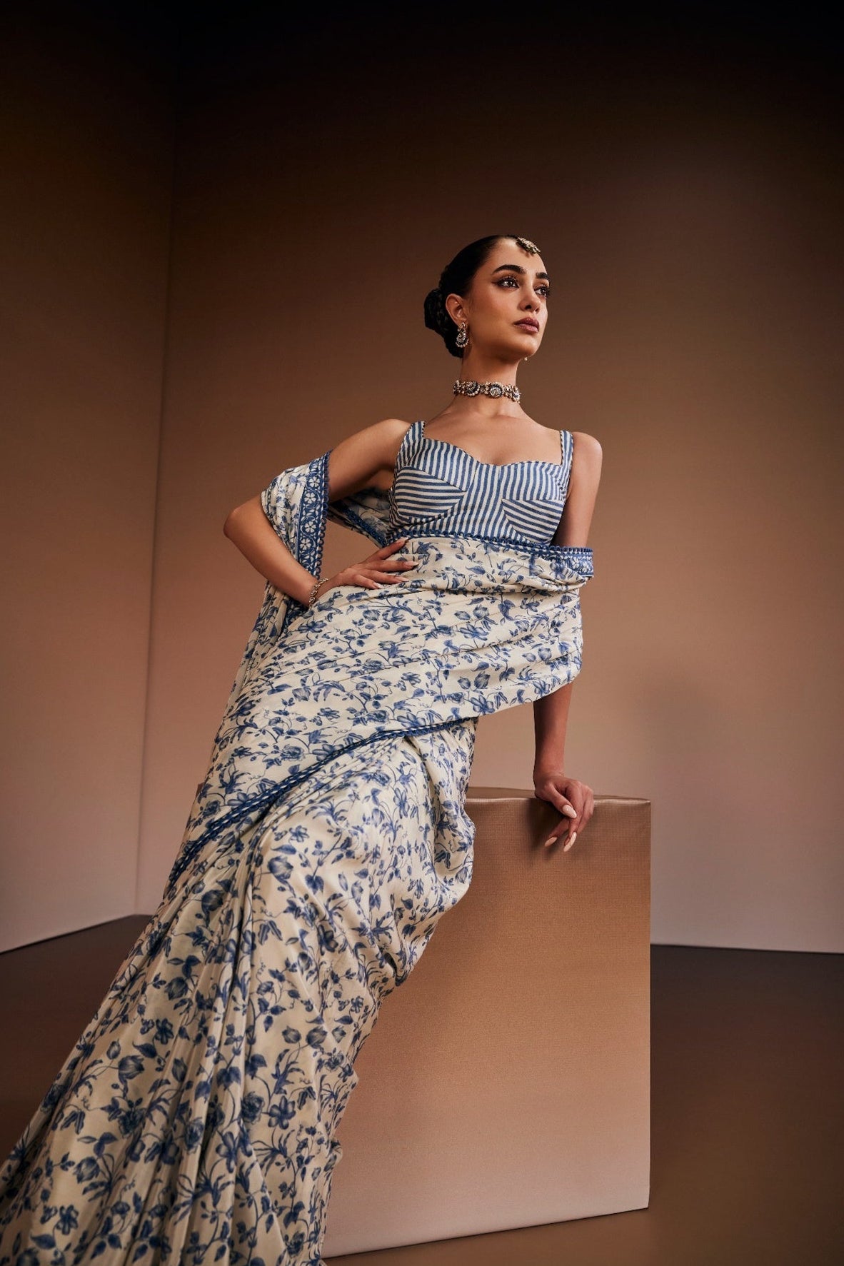 Printed floral saree paired with striped bustier
