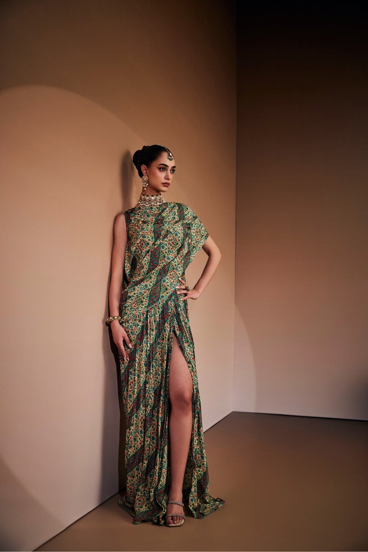 Emerald Mirage Draped printed gown